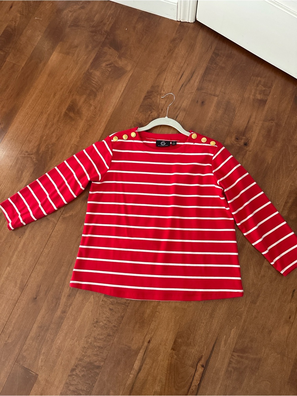 G by Giuliana Red White Striped Top Gold Button Shoulder Medium Nautical